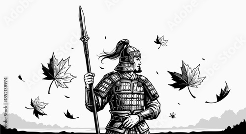 Warrior with Spear in Autumnal Setting.