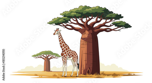 A tall, elegant giraffe stands in the African savanna next to a large baobab tree, capturing a classic scene of wildlife and nature in Africa.