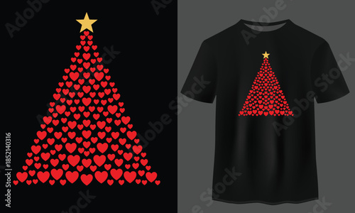 Heart Christmas tree vector design, romantic holiday love tree illustration for tshirt and winter print products, festive artwork, full Customizable design