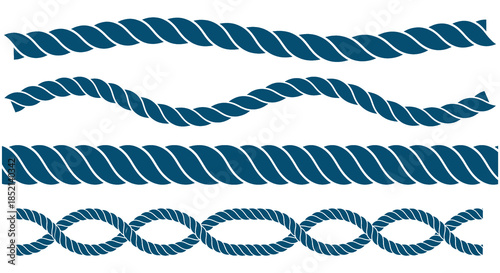 Set of blue marine rope elements twisted and wavy decorative nautical cords for design on transparent background