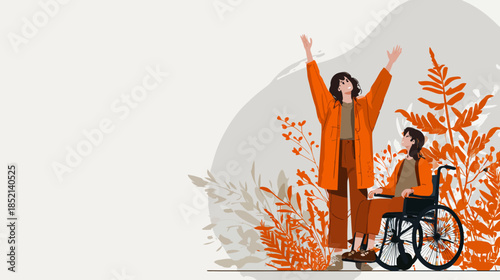 Empowered women, one in a wheelchair and one standing, celebrating diversity and inclusion with raised arms in nature illustration.