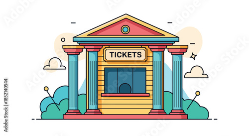 A charming ticket booth designed in a classic architectural style with columns, ready to sell admission tickets for a cinema, theater, or amusement park.