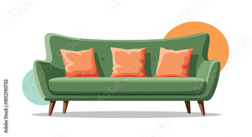 A stylish mid-century modern green sofa with bright orange pillows, an iconic piece of retro furniture for a cozy living room interior.
