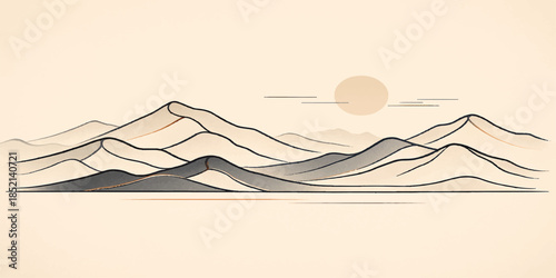 Mountain landscape vector illustration with a desert sunset sky and orange sand waves under a yellow sun for a nature travel wallpaper design