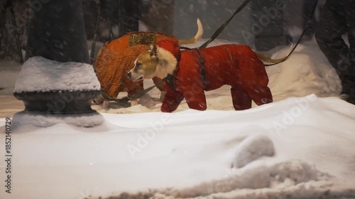 Two dogs wearing warm red and orange coats are walking on leashes through deep snow during a heavy snowfall on a city street at night, sniffing the ground and exploring the winter park