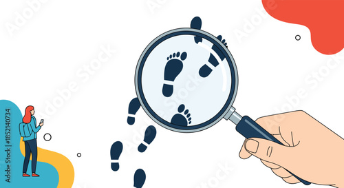 A hand holding a large magnifying glass examines footprints on the ground, representing a concept of investigation and discovery.
