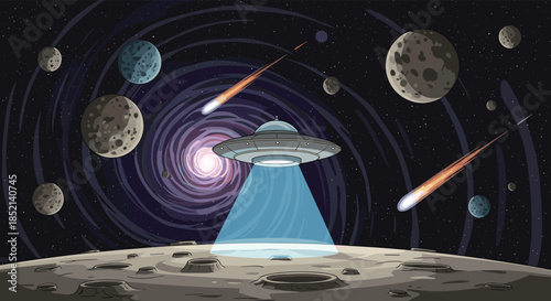 A cartoon illustration of a UFO hovering over a cratered moon with a swirling galaxy, planets, and comets in the background.