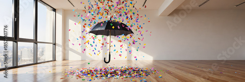 Closed umbrella suspended mid-air with colorful confetti in minimal room  