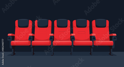 A row of empty red comfortable seats in a dark movie theater or cinema, creating a sense of anticipation before the show begins.