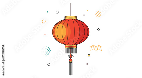 A traditional red and orange Chinese lantern hanging for celebration, isolated on a white background with modern geometric design elements.