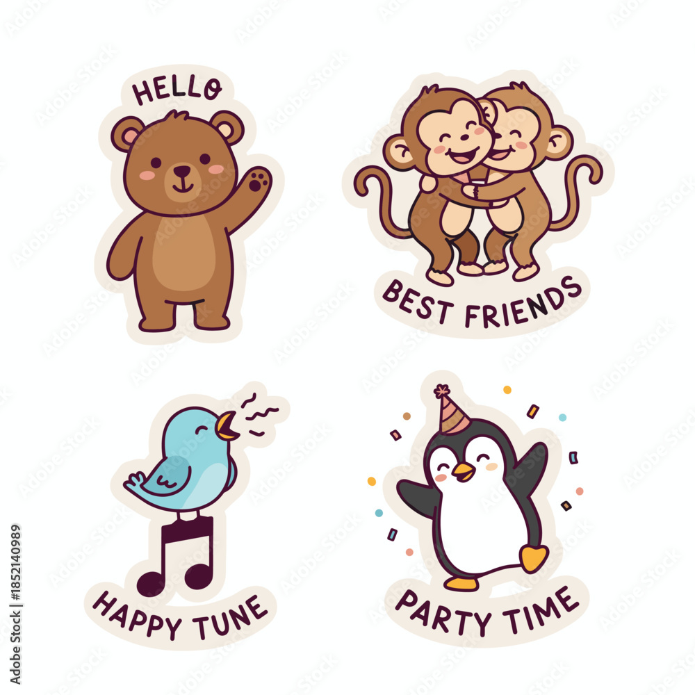 Naklejka premium Adorable Animal Stickers - Bear, Monkeys, Bird, and Penguin Illustrations.