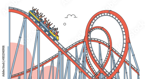 Excited people ride a thrilling roller coaster with high loops and drops at an amusement park for extreme fun and adventure.