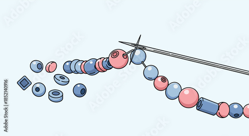 A close-up view of a needle stringing colorful blue and pink beads onto a thread to create handmade jewelry like a bracelet.