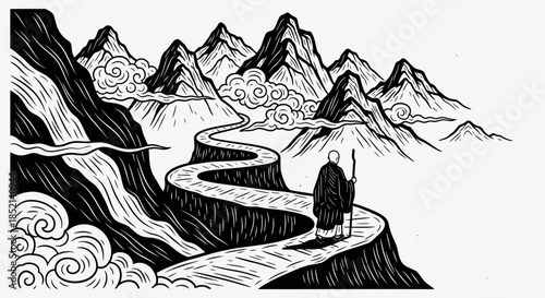 Monk walking on a winding mountain path towards distant peaks.