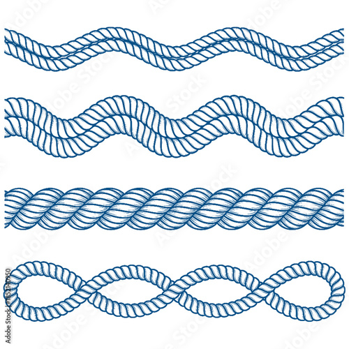 Set of blue doodle style marine rope elements wavy and twisted decorative nautical cords on transparent background