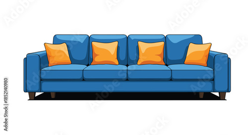 A comfortable and modern blue four-seater sofa with bright orange pillows, an elegant piece of furniture for a spacious living room.