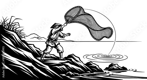 Fisherman casting net into water from rocky shore.