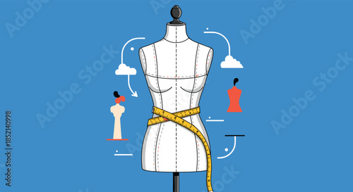 A tailor's mannequin with a yellow measuring tape wrapped around its waist, symbolizing fashion design, sewing, and custom creation.