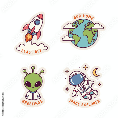Space Exploration Stickers - Rocket, Earth, Alien, and Astronaut Designs.