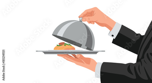 A professional waiter in a suit holds a silver platter and lifts the cloche to reveal a gourmet meal at a luxury restaurant.