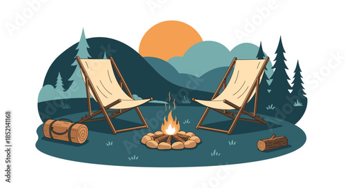 A peaceful camping scene with two deck chairs by a warm campfire, set against a beautiful mountain and forest landscape at sunset.