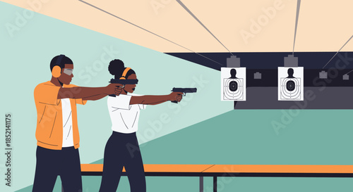 A man and woman wear protective earmuffs and glasses to practice target shooting with handguns at an indoor firing range facility.