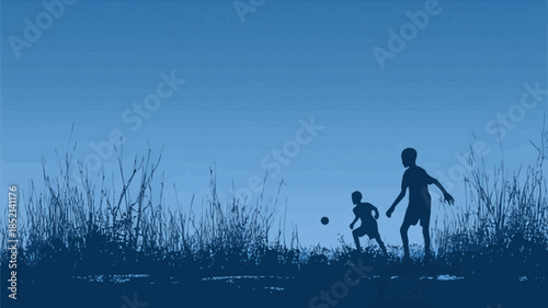 Silhouetted young boys playing soccer outdoors in a field against a deep blue sky at twilight, emphasizing childhood fun and sport.