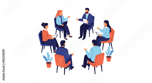 A diverse group of people are sitting in a circle and talking during a productive group therapy session with a psychologist.
