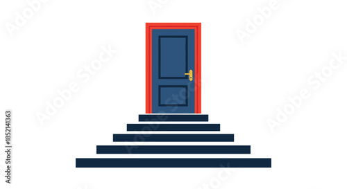 A closed blue door at the top of a flight of stairs, symbolizing opportunity, a new beginning, or a difficult challenge to overcome.