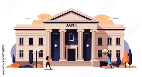 A grand classical-style bank building with large columns and an official sign, representing finance, economy, and financial services.