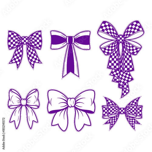 Set of purple checkered and solid ribbon bows decorative elements for gifts and celebrations on transparent background