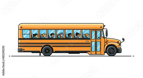 A classic yellow American school bus full of diverse and happy children looking out the windows on their way to or from school.