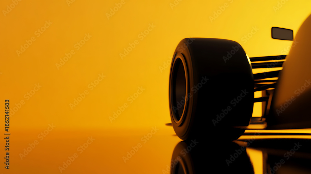 Fototapeta premium Close-up shot of a Formula 1 race car tire against a golden backdrop. The reflection on the glossy surface adds depth and highlights the car's sleek design.