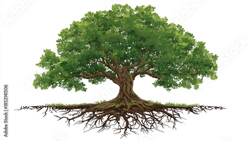 A detailed vector illustration of a mature oak tree with extensive visible roots and green foliage on a white background