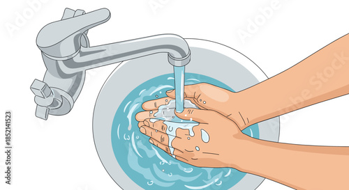 A person is washing their hands thoroughly with running water from a faucet into a sink to maintain hygiene and prevent germs.