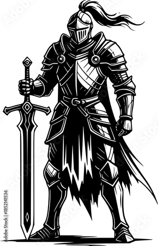 Intricate Silhouette of a Knight Holding a Sword with Dramatic Ink Brush Strokes and Design
