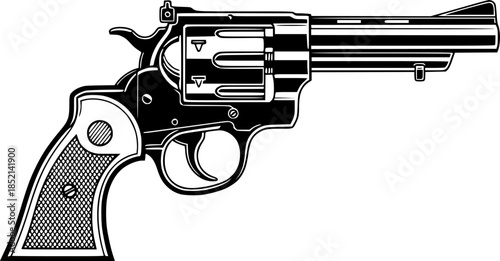 Detailed woodcut illustration of a classic revolver in black