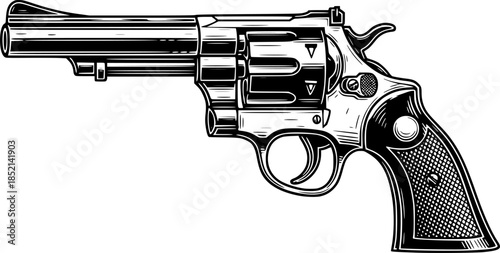 Detailed woodcut illustration of a classic revolver in black
