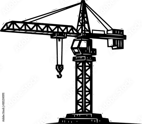 Detailed Woodcut Style Illustration of a Construction Crane on W
