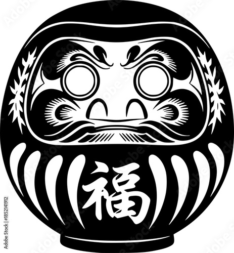 Traditional Japanese Daruma Doll Woodcut Illustration in Black a
