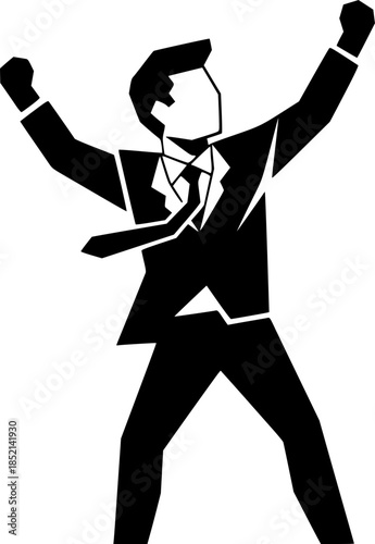 Monochrome illustration of businessman in victorious pose with arms raised
