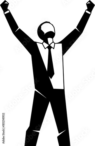Monochrome illustration of businessman in victorious pose with arms raised
