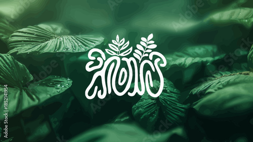 Abstract green foliage background with elegant white organic graphic, natural texture, and botanical design elements.