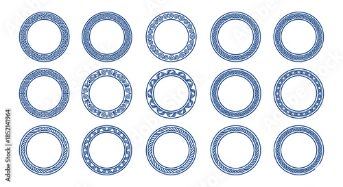 set of blue ornamental circular frames on transparent background