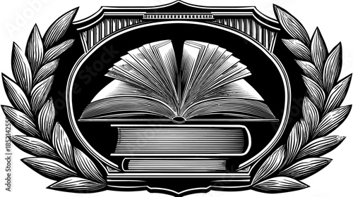 Vintage Academic Emblem with Open Book, Laurel Wreath, and Stacked Volumes. Symbolizing Education, Knowledge, and Learning.