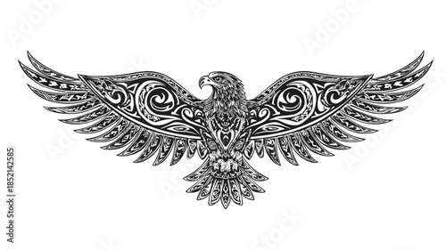 Ornate stylized eagle illustration with tribal patterns and outstretched wings, vector art for tattoo design or graphic element