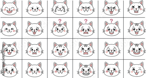 Collection of cute cartoon cat faces with various expressions
