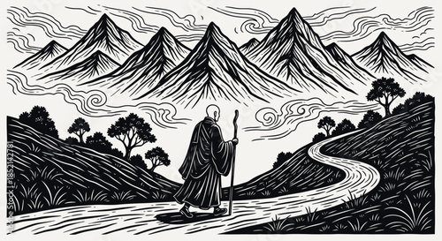Monks Journey: A Solitary Figure Amidst Majestic Mountains.
