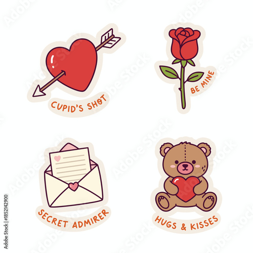 Valentines Day Stickers - Cupids Shot, Rose, Secret Admirer, Teddy Bear.