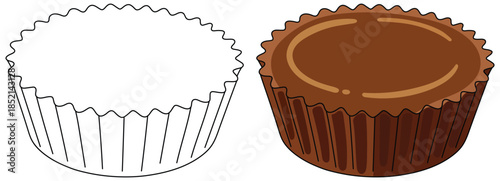 Chocolate peanut butter cup candy illustrated in a cute simple cartoon dessert style ideal for sweet treat themed designs
